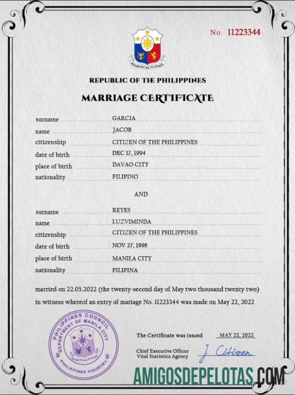 Imprimível modelo PSD de certidão de casamento nas Filipinas